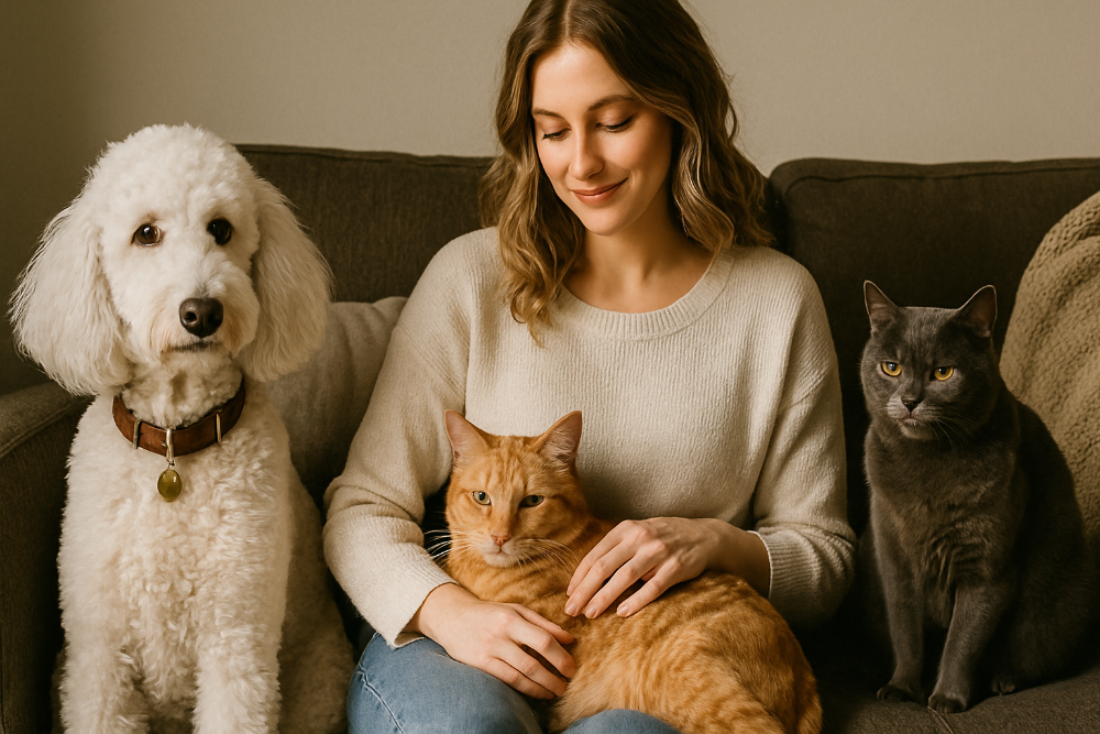 Woman sitting on a couch with a white dog, orange cat, and gray cat.