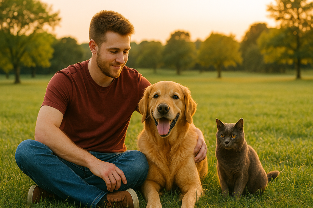 Man sitting on grass with a golden retriever and a cat, surrounded by trees and greenery.